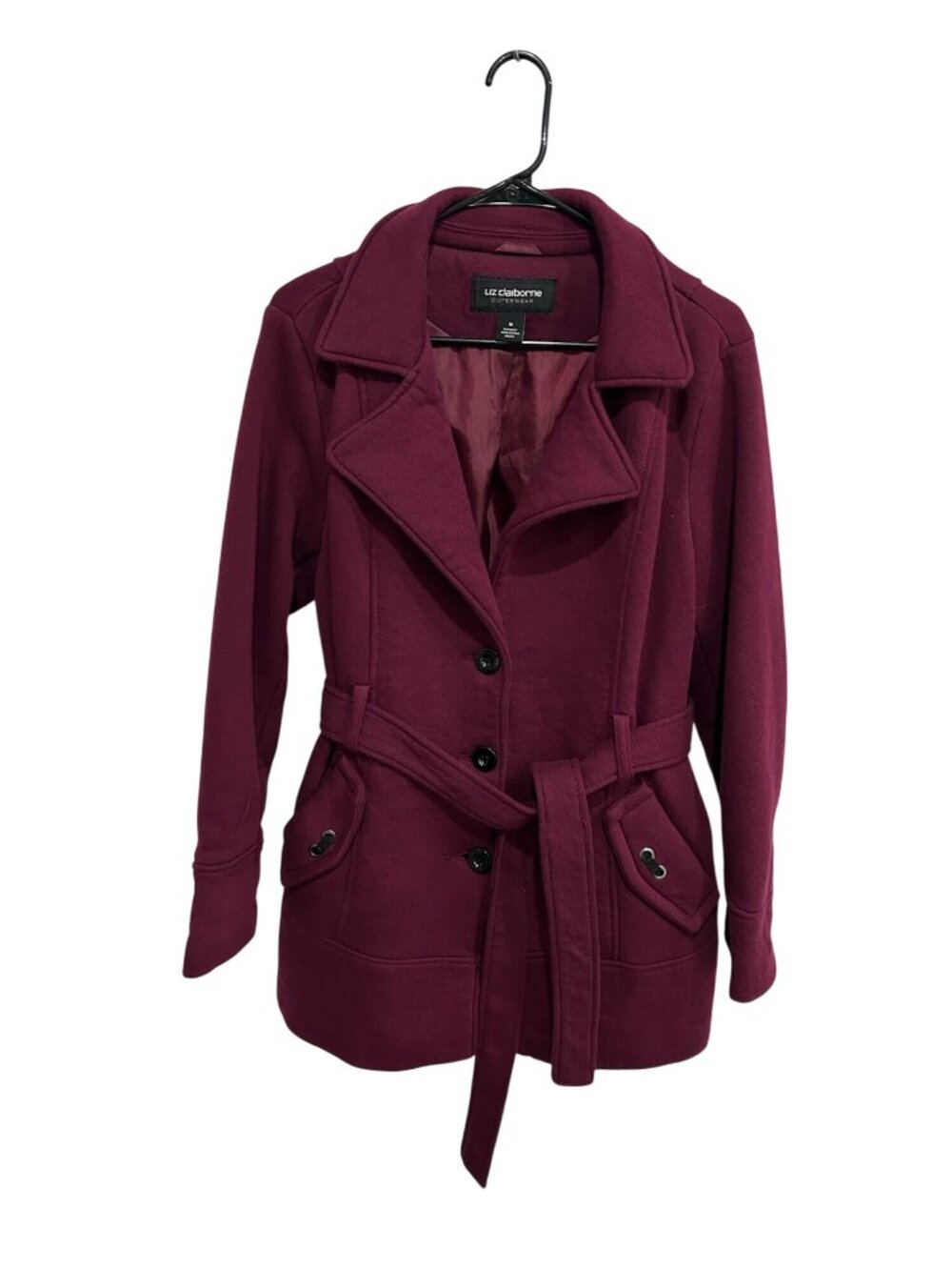 Liz Claiborne Medium Belted Burgundy Jacket Cotton Blend Minimalist Clean Girl